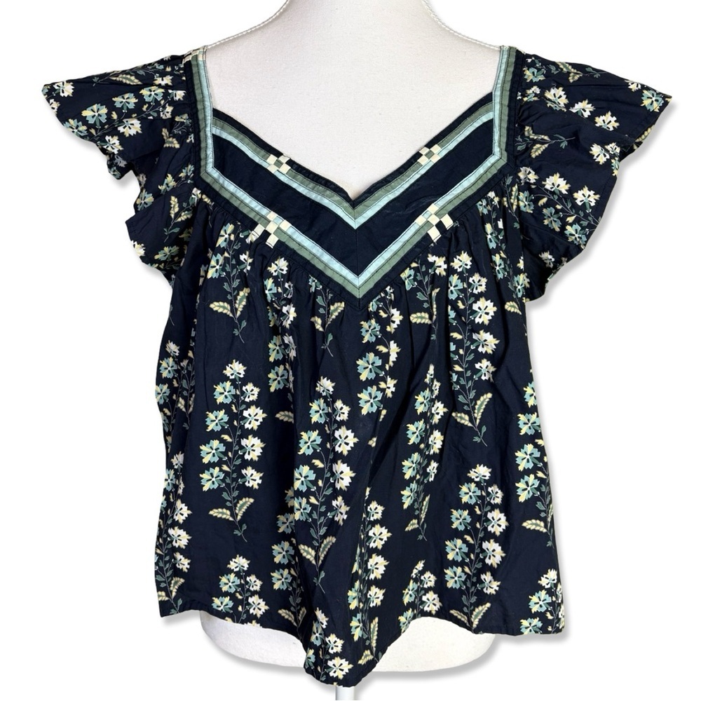 LA VIE REBECCA TAYLOR Floral Larkspur Top with Flutter Sleeves